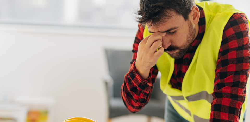 Worker on construction site in safety gear pinching the bridge of his nose and looking tired.