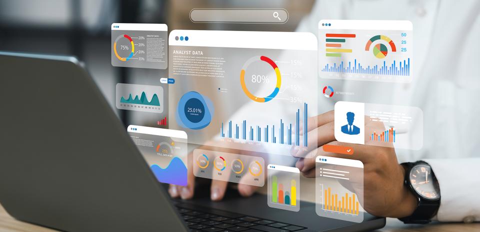 Data analyst viewing a business analytics report on their laptop.