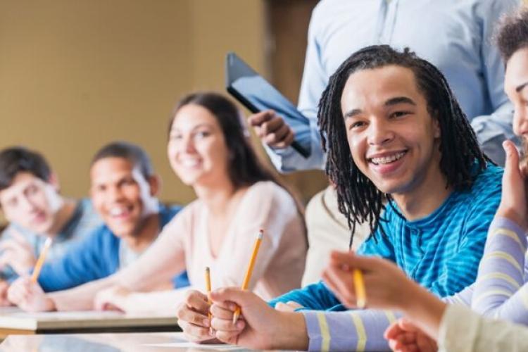 High school student learning in classroom