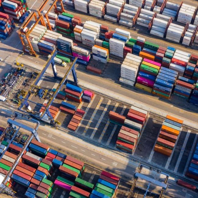 Top down view of shipping container terminal.